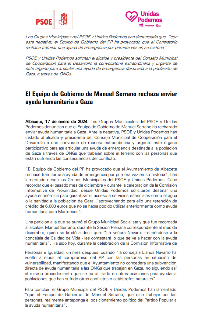 El Equipo de Gobierno de Manuel Serrano rechaza enviar ayuda humanitaria a Gaza
